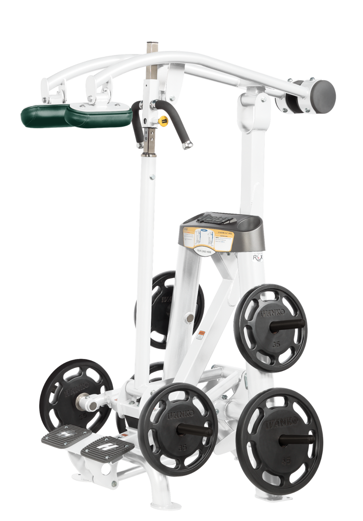 Hoist plate loaded standing calf raise machine with shoulder pads, foot platform, and weight plate storage for calf training