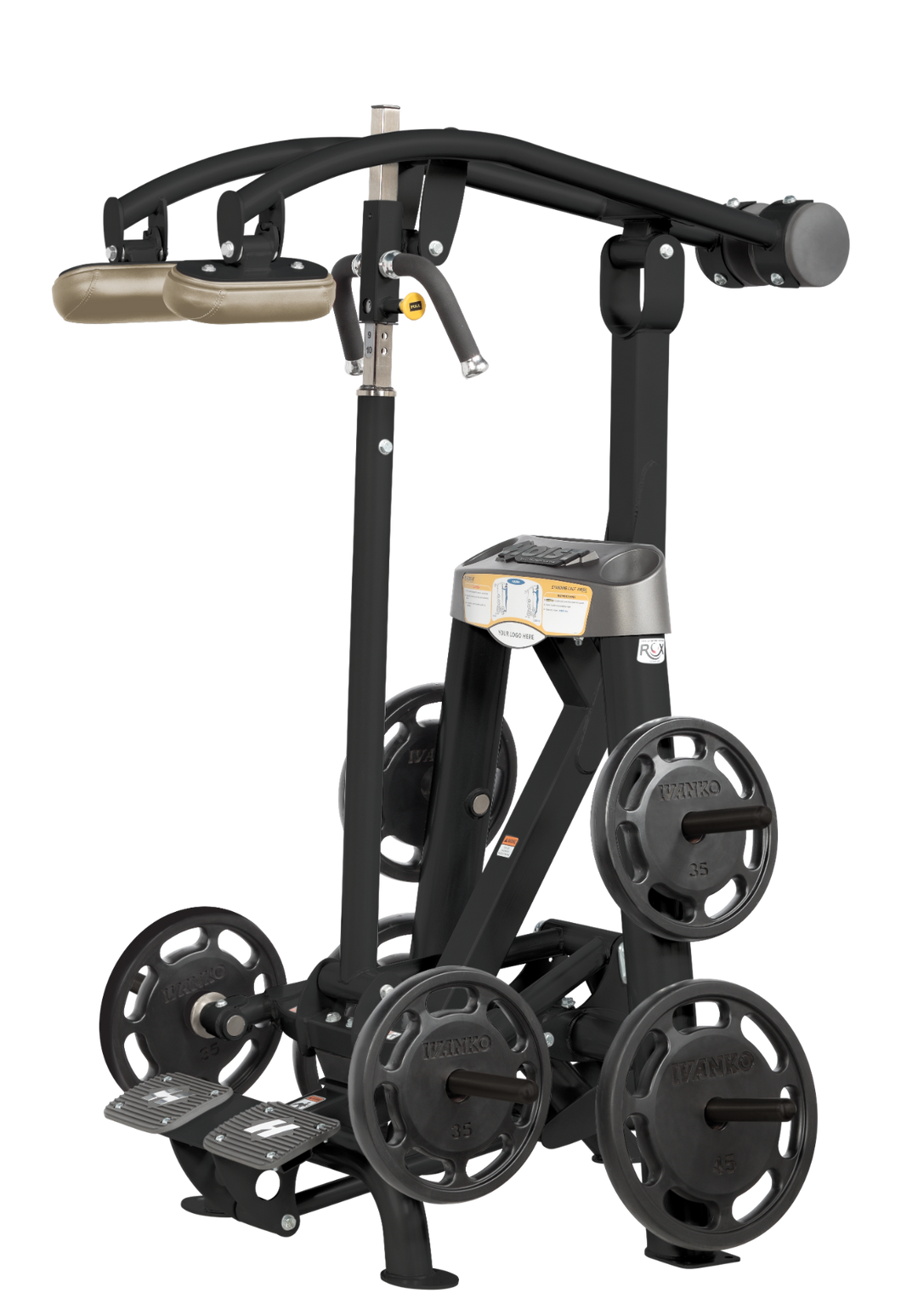Hoist plate loaded standing calf raise machine with shoulder pads, foot platform, and weight plate storage for calf training
