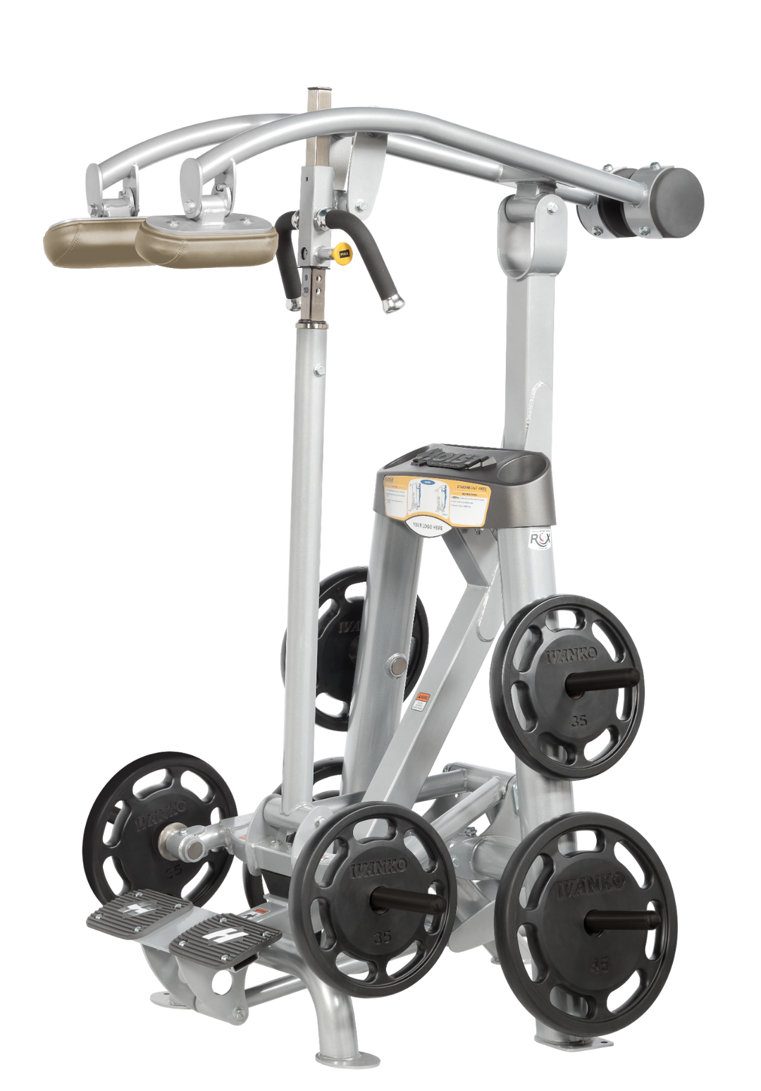 Hoist plate loaded standing calf raise machine with shoulder pads, foot platform, and weight plate storage for calf training