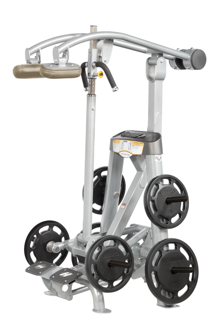 Hoist plate loaded standing calf raise machine with shoulder pads, foot platform, and weight plate storage for calf training