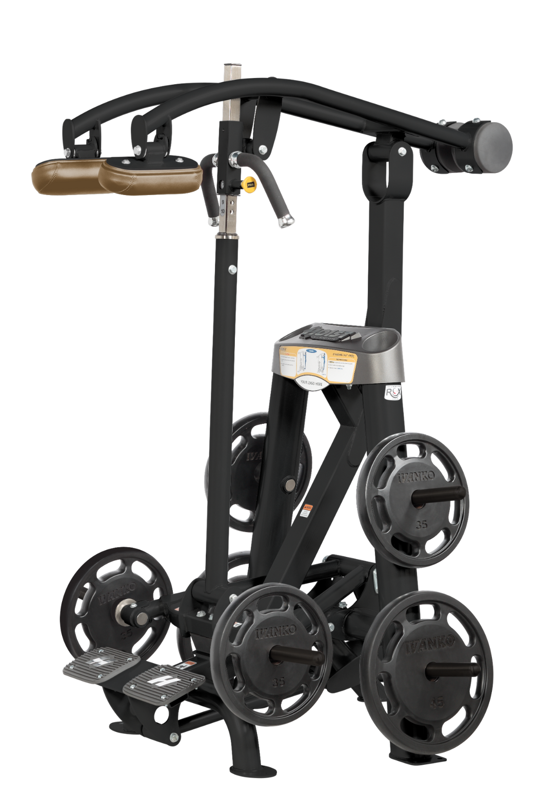 Hoist plate loaded standing calf raise machine with shoulder pads, foot platform, and weight plate storage for calf training