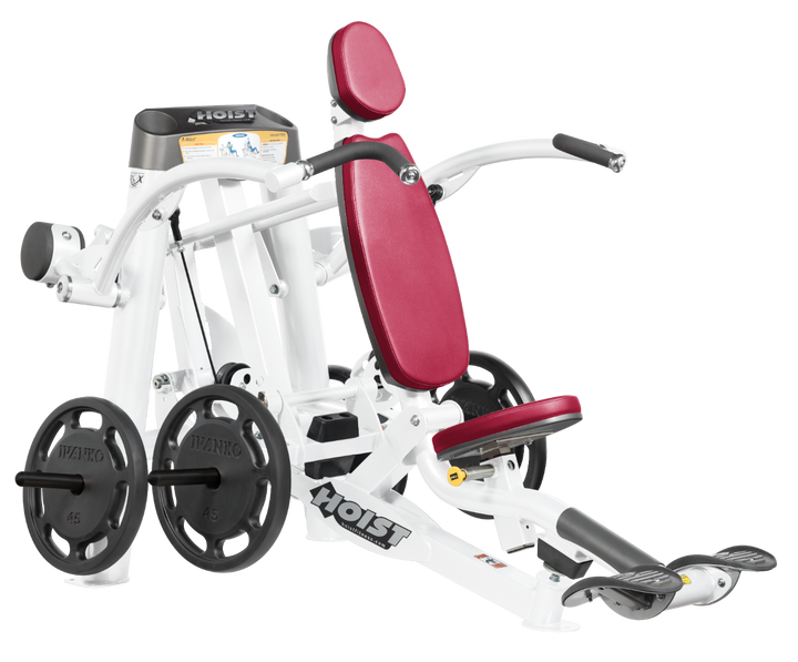 Hoist plate loaded shoulder press machine with ergonomic seat, back support, and overhead pressing arms for shoulder training