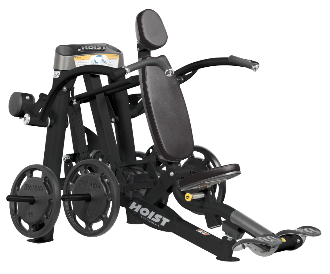 Hoist plate loaded shoulder press machine with ergonomic seat, back support, and overhead pressing arms for shoulder training