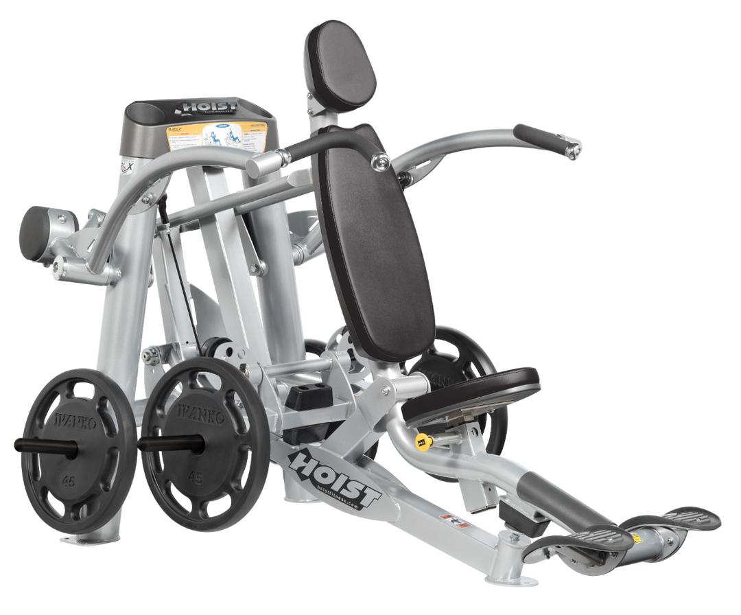 Hoist plate loaded shoulder press machine with ergonomic seat, back support, and overhead pressing arms for shoulder training