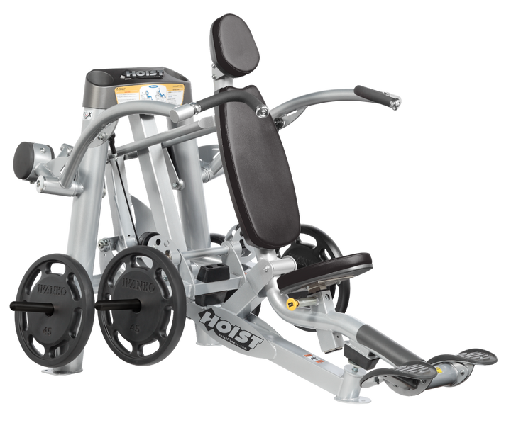 Hoist plate loaded shoulder press machine with ergonomic seat, back support, and overhead pressing arms for shoulder training