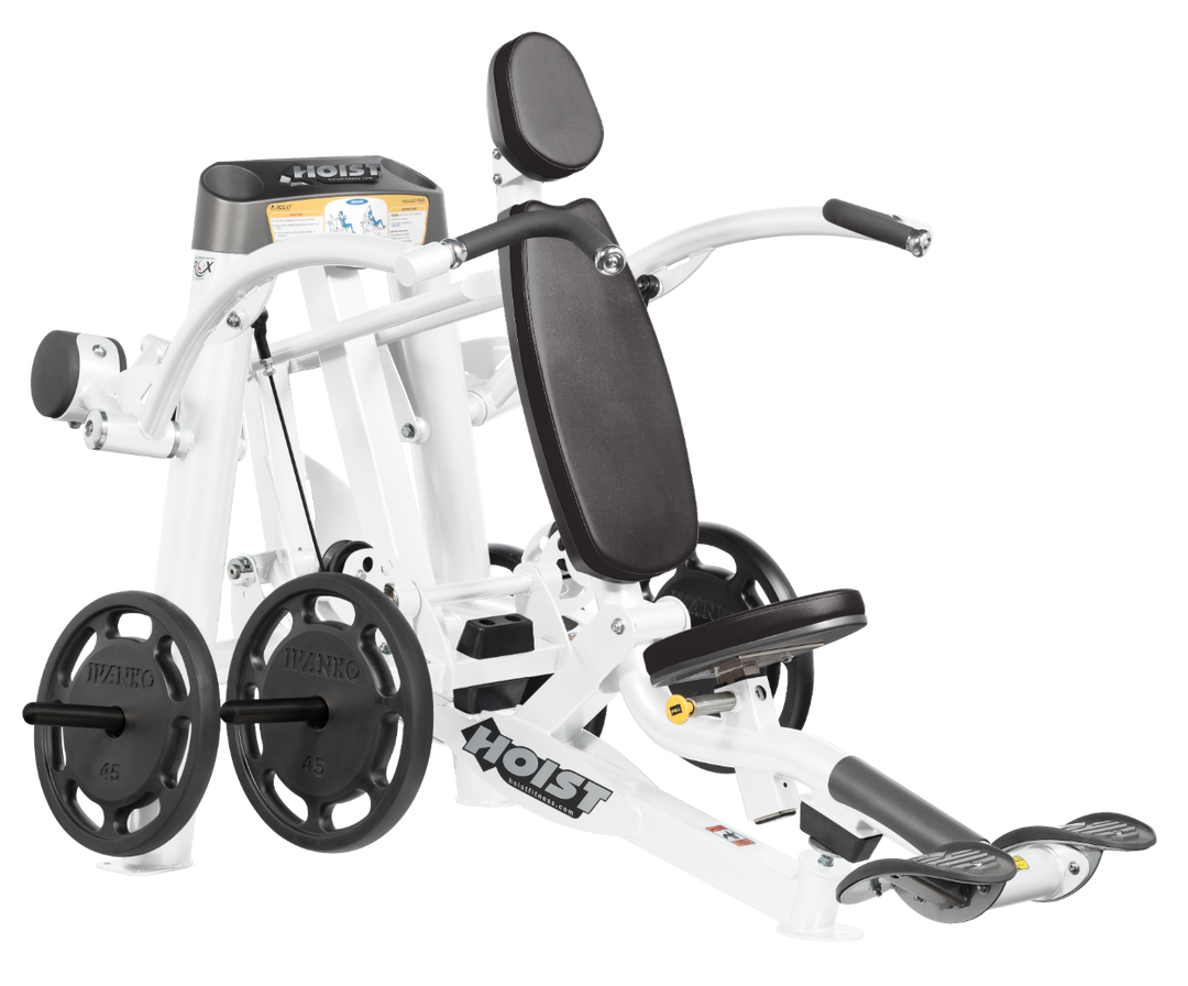 Hoist plate loaded shoulder press machine with ergonomic seat, back support, and overhead pressing arms for shoulder training