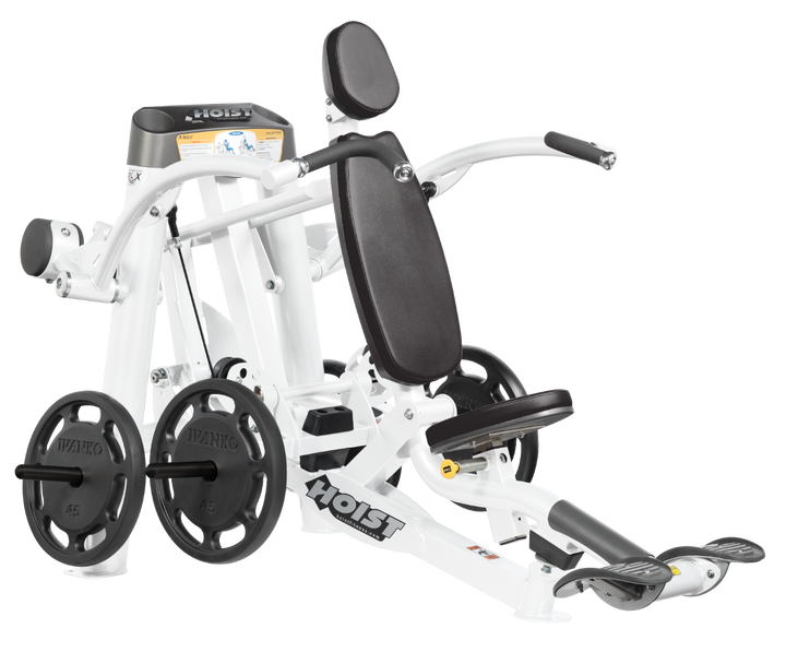 Hoist plate loaded shoulder press machine with ergonomic seat, back support, and overhead pressing arms for shoulder training