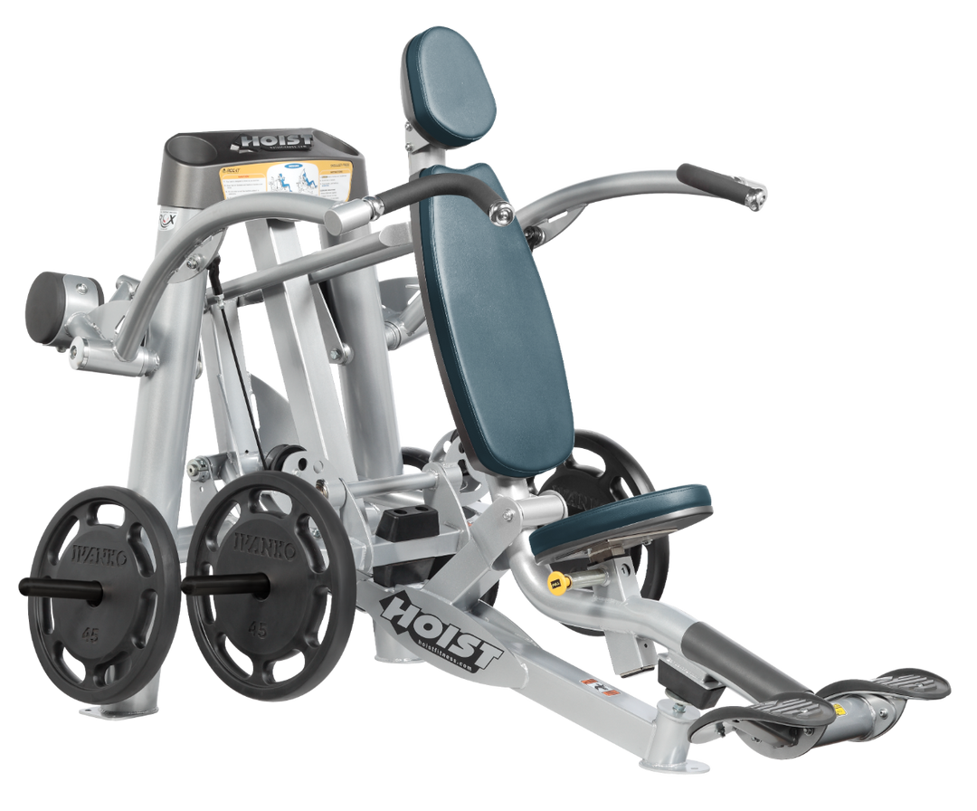 Hoist plate loaded shoulder press machine with ergonomic seat, back support, and overhead pressing arms for shoulder training