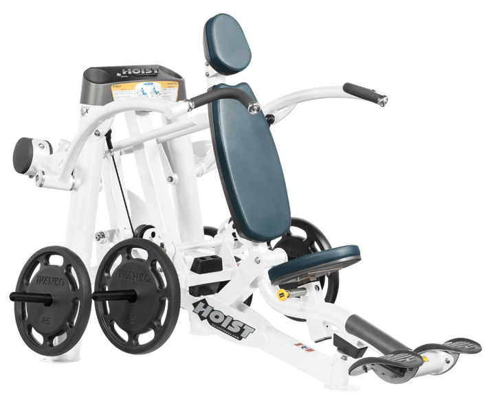 Hoist plate loaded shoulder press machine with ergonomic seat, back support, and overhead pressing arms for shoulder training