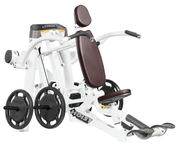 Hoist plate loaded shoulder press machine with ergonomic seat, back support, and overhead pressing arms for shoulder training
