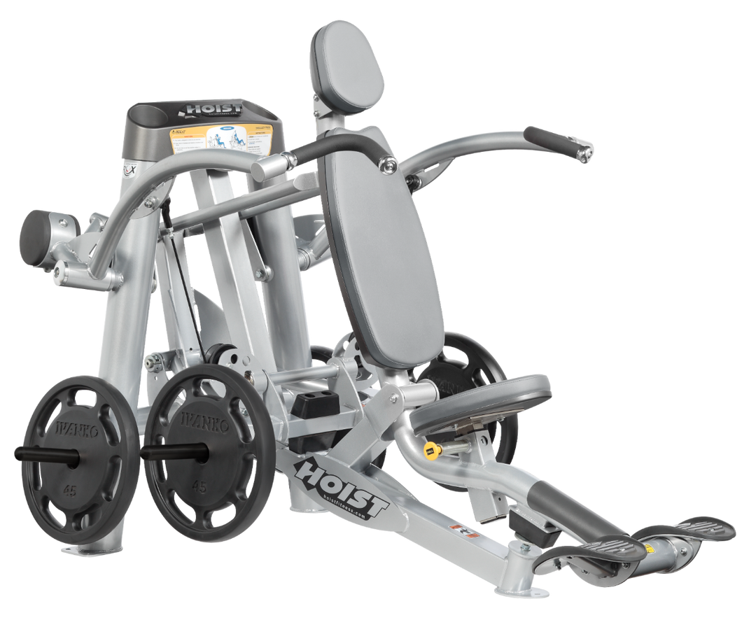 Hoist plate loaded shoulder press machine with ergonomic seat, back support, and overhead pressing arms for shoulder training