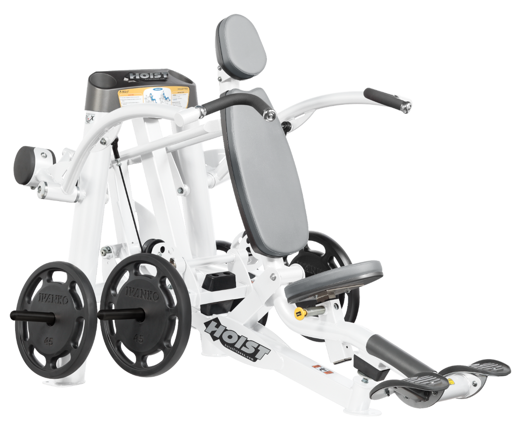 Hoist plate loaded shoulder press machine with ergonomic seat, back support, and overhead pressing arms for shoulder training