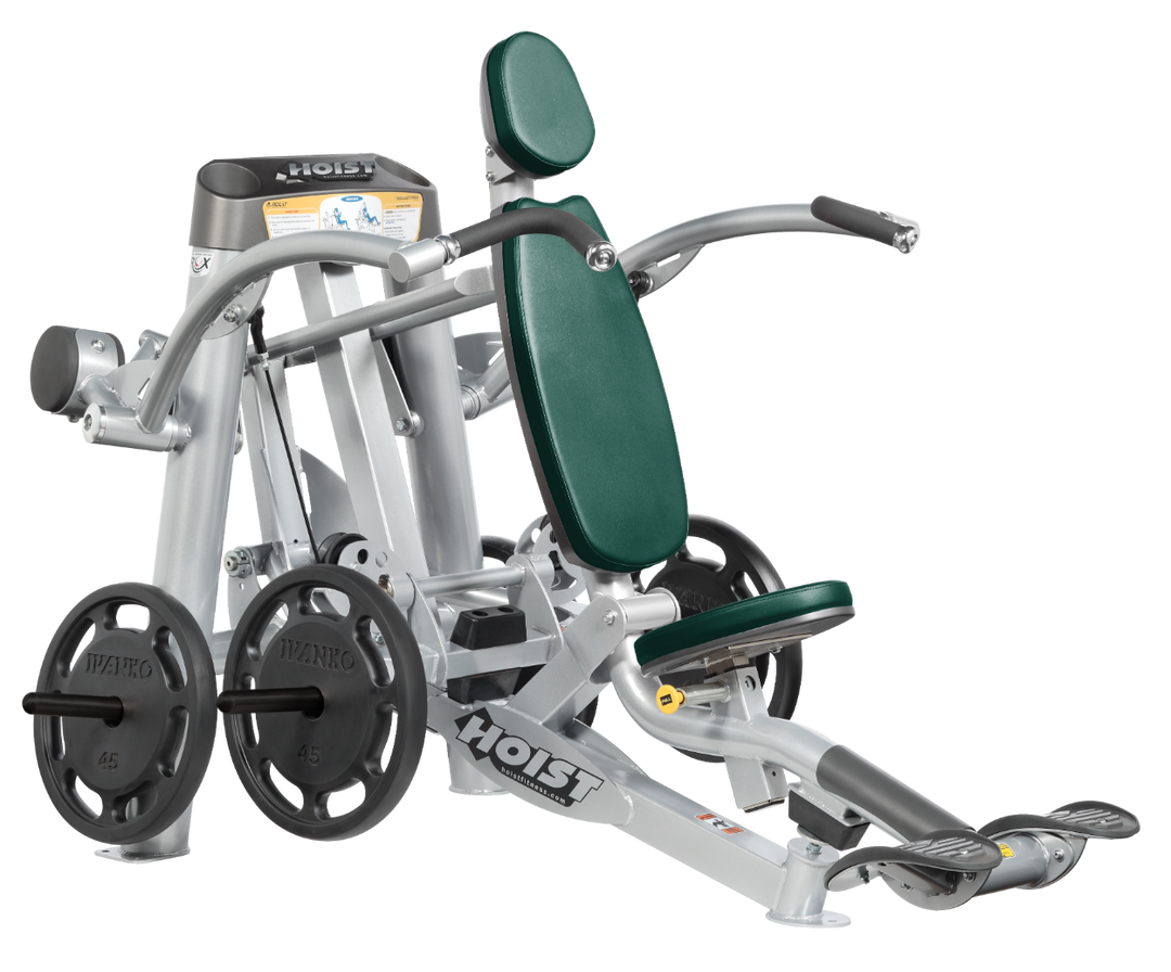 Hoist plate loaded shoulder press machine with ergonomic seat, back support, and overhead pressing arms for shoulder training