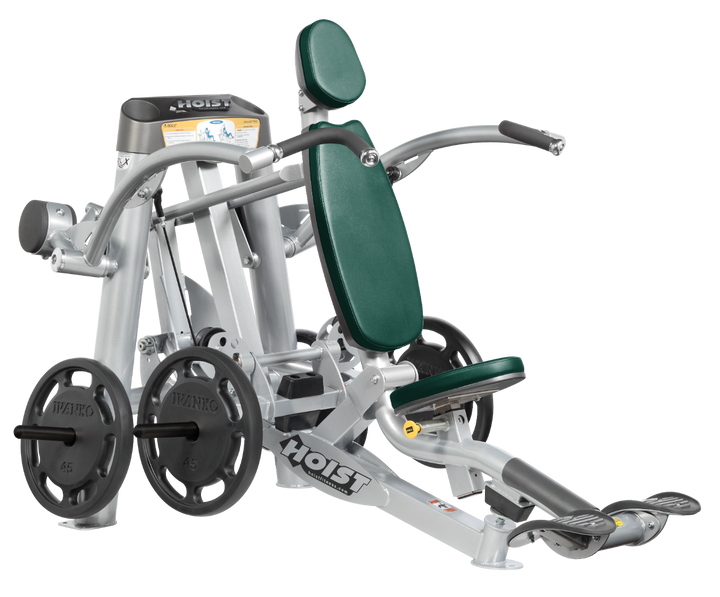 Hoist plate loaded shoulder press machine with ergonomic seat, back support, and overhead pressing arms for shoulder training