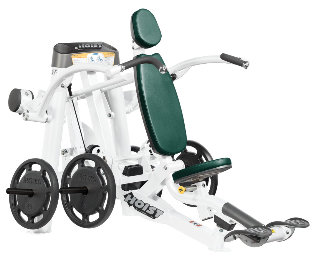 Hoist plate loaded shoulder press machine with ergonomic seat, back support, and overhead pressing arms for shoulder training
