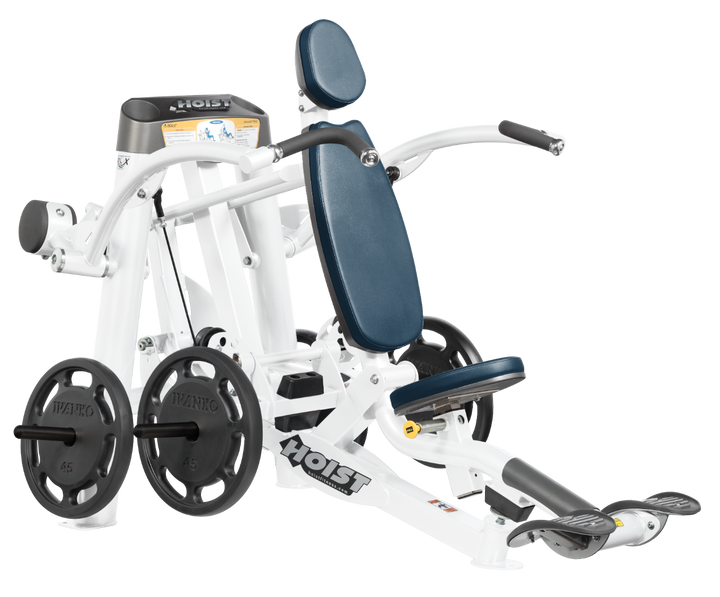 Hoist plate loaded shoulder press machine with ergonomic seat, back support, and overhead pressing arms for shoulder training