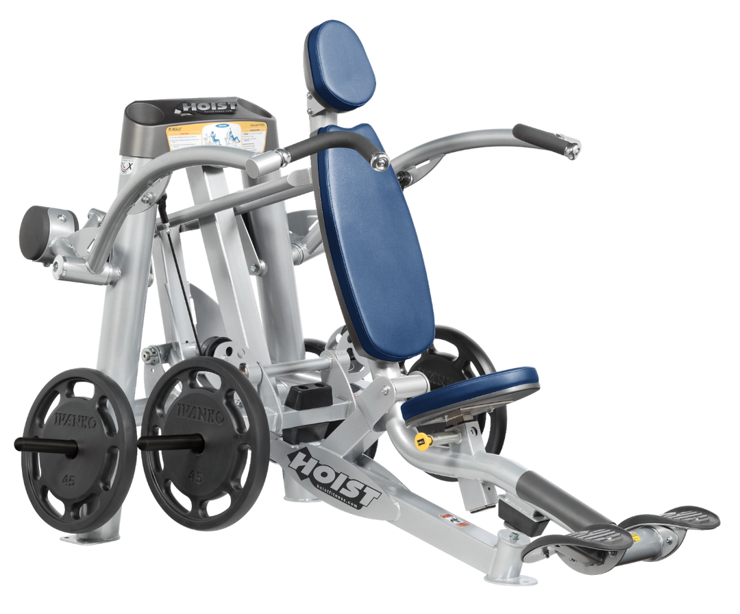 Hoist plate loaded shoulder press machine with ergonomic seat, back support, and overhead pressing arms for shoulder training
