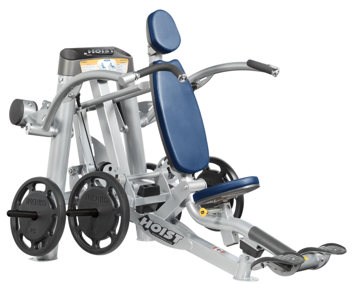Hoist plate loaded shoulder press machine with ergonomic seat, back support, and overhead pressing arms for shoulder training