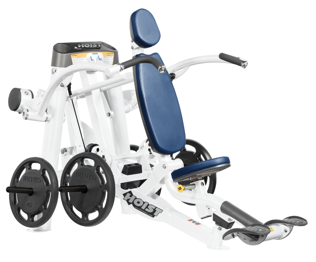 Hoist plate loaded shoulder press machine with ergonomic seat, back support, and overhead pressing arms for shoulder training