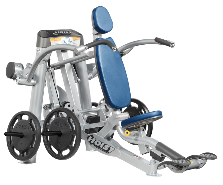 Hoist plate loaded shoulder press machine with ergonomic seat, back support, and overhead pressing arms for shoulder training