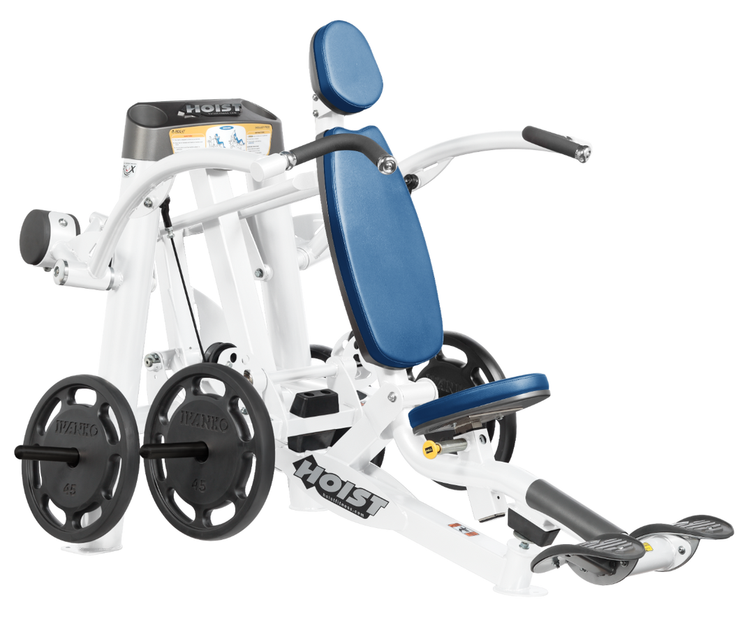 Hoist plate loaded shoulder press machine with ergonomic seat, back support, and overhead pressing arms for shoulder training