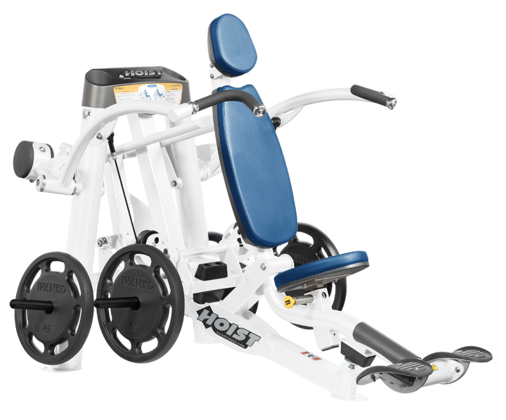 Hoist plate loaded shoulder press machine with ergonomic seat, back support, and overhead pressing arms for shoulder training