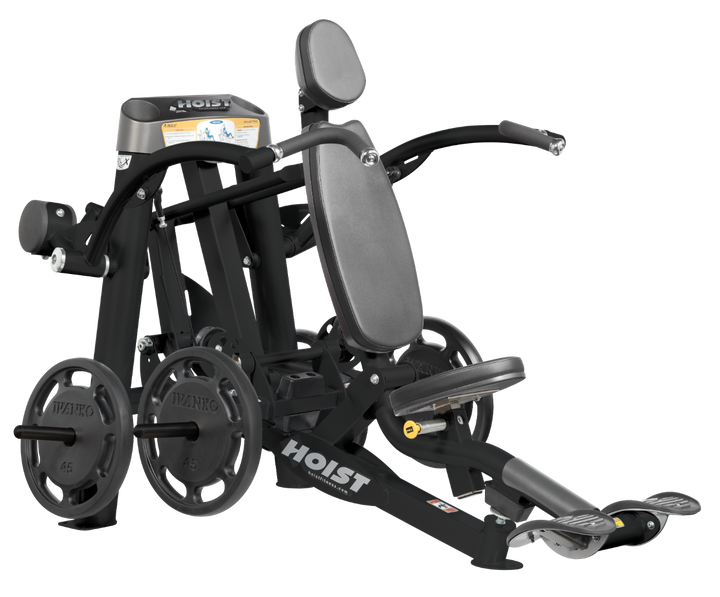 Hoist plate loaded shoulder press machine with ergonomic seat, back support, and overhead pressing arms for shoulder training