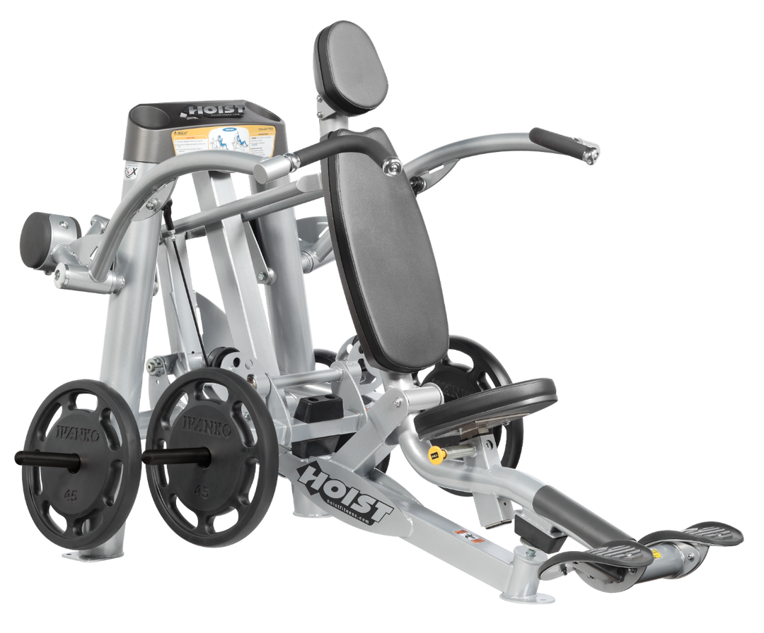 Hoist plate loaded shoulder press machine with ergonomic seat, back support, and overhead pressing arms for shoulder training