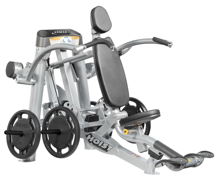 Hoist plate loaded shoulder press machine with ergonomic seat, back support, and overhead pressing arms for shoulder training