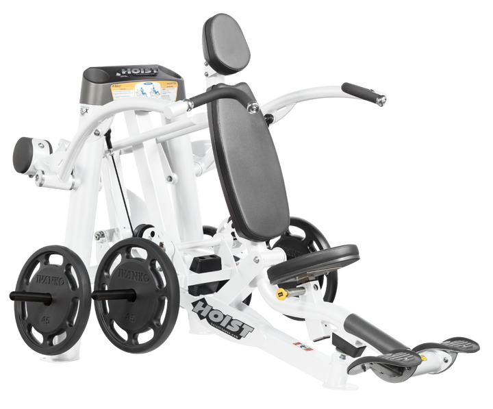 Hoist plate loaded shoulder press machine with ergonomic seat, back support, and overhead pressing arms for shoulder training