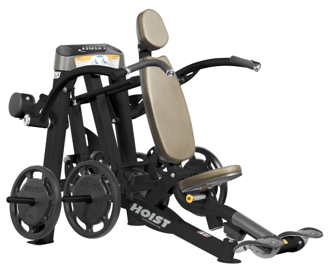 Hoist plate loaded shoulder press machine with ergonomic seat, back support, and overhead pressing arms for shoulder training
