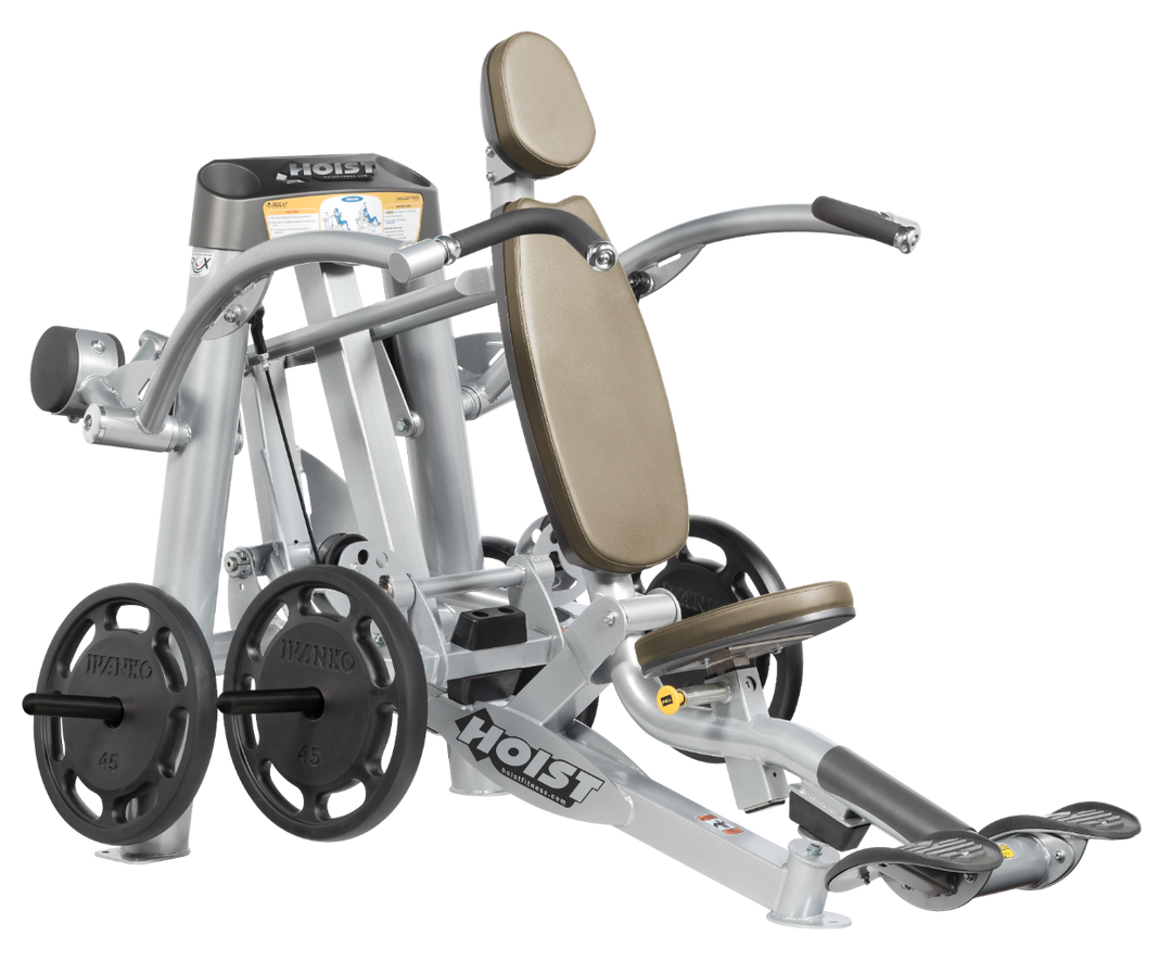 Hoist plate loaded shoulder press machine with ergonomic seat, back support, and overhead pressing arms for shoulder training