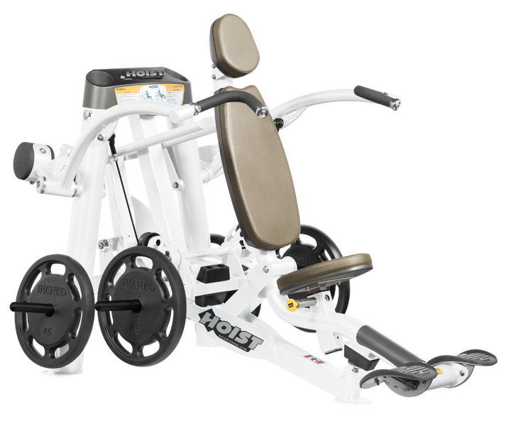 Hoist plate loaded shoulder press machine with ergonomic seat, back support, and overhead pressing arms for shoulder training