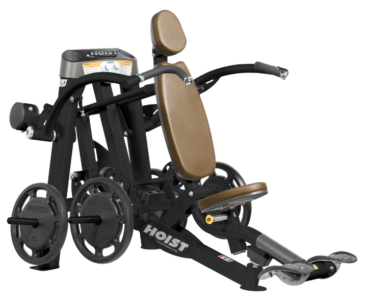 Hoist plate loaded shoulder press machine with ergonomic seat, back support, and overhead pressing arms for shoulder training