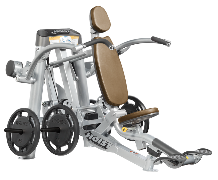 Hoist plate loaded shoulder press machine with ergonomic seat, back support, and overhead pressing arms for shoulder training