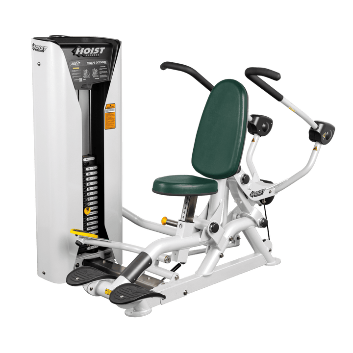Seated triceps extension machine with overhead handles and weight stack for targeted arm strength training