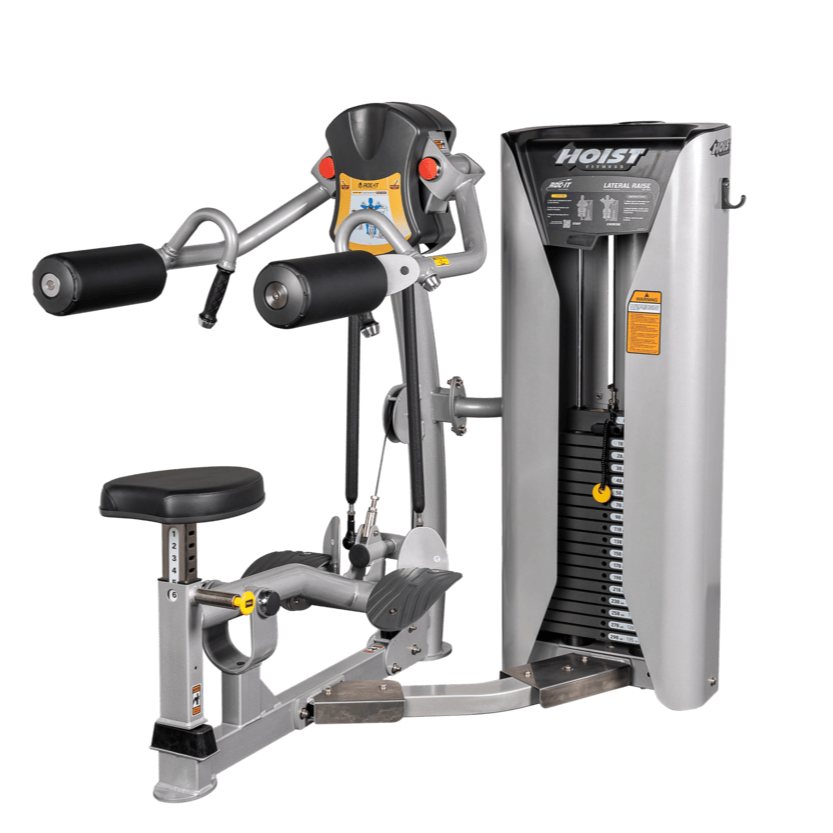 side profile of Lateral Deltoid machine featuring ergonomic seating and independent arm movement design