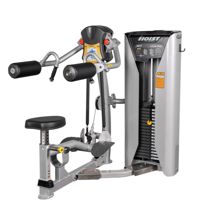 side profile of Lateral Deltoid machine featuring ergonomic seating and independent arm movement design