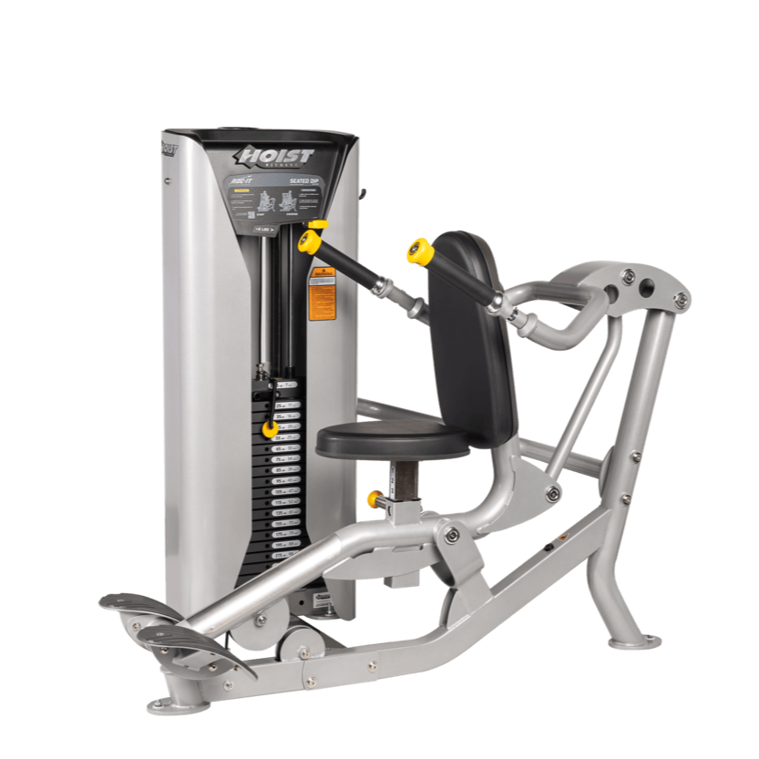 Seated dip machine with adjustable arms and weight stack designed for triceps and upper body strength training