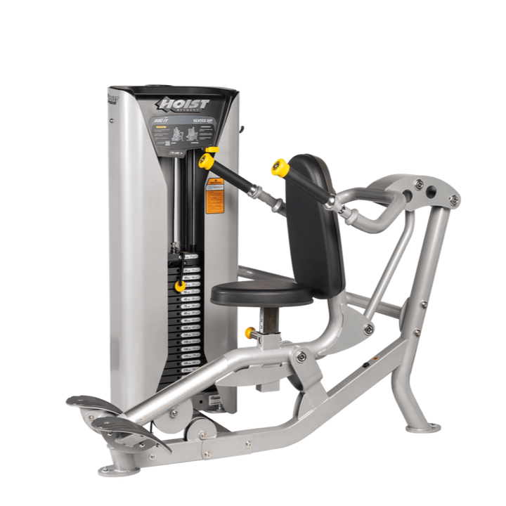 Seated dip machine with adjustable arms and weight stack designed for triceps and upper body strength training