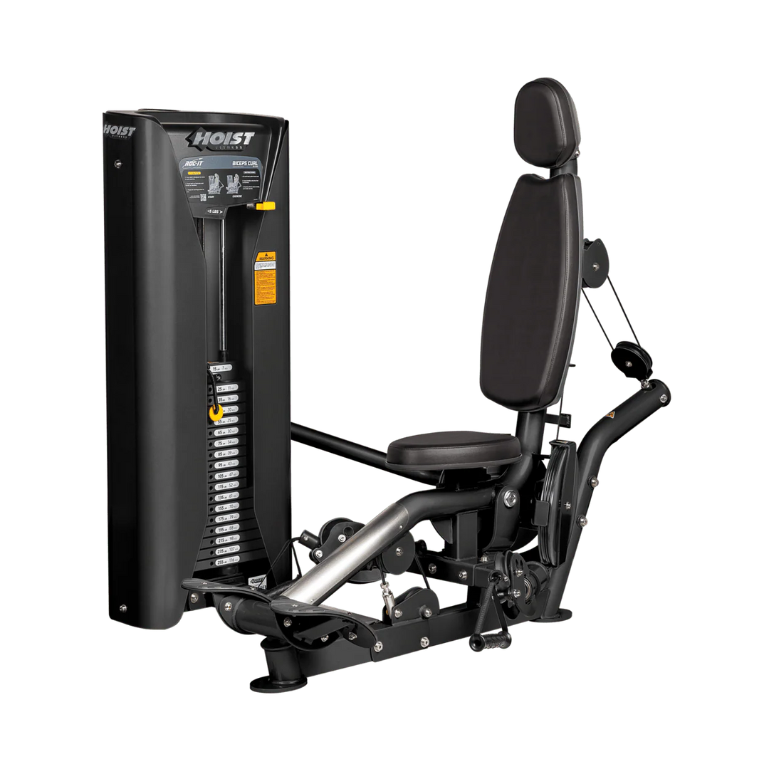 Hoist commercial biceps curl machine with red seat and backrest, ergonomic arm pad, and plate-loaded resistance system for isolated arm training