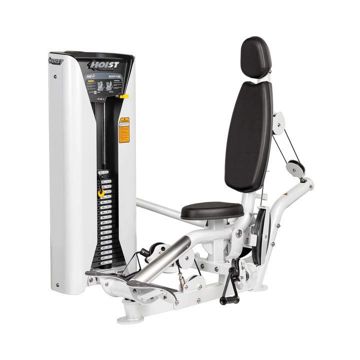 Hoist commercial biceps curl machine with red seat and backrest, ergonomic arm pad, and plate-loaded resistance system for isolated arm training