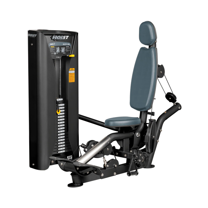 Hoist commercial biceps curl machine with red seat and backrest, ergonomic arm pad, and plate-loaded resistance system for isolated arm training