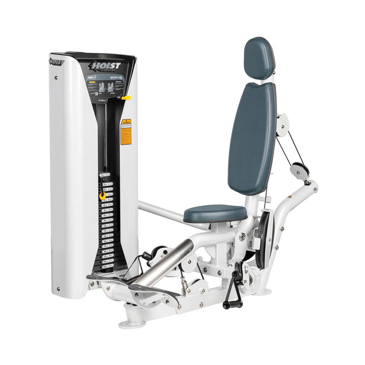 Hoist commercial biceps curl machine with red seat and backrest, ergonomic arm pad, and plate-loaded resistance system for isolated arm training