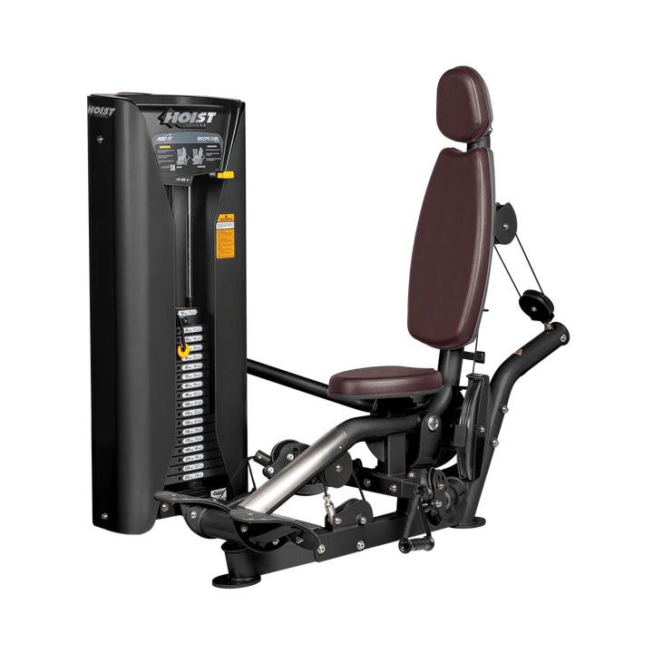 Hoist commercial biceps curl machine with red seat and backrest, ergonomic arm pad, and plate-loaded resistance system for isolated arm training