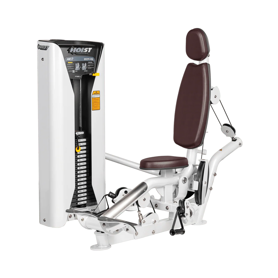 Hoist commercial biceps curl machine with red seat and backrest, ergonomic arm pad, and plate-loaded resistance system for isolated arm training