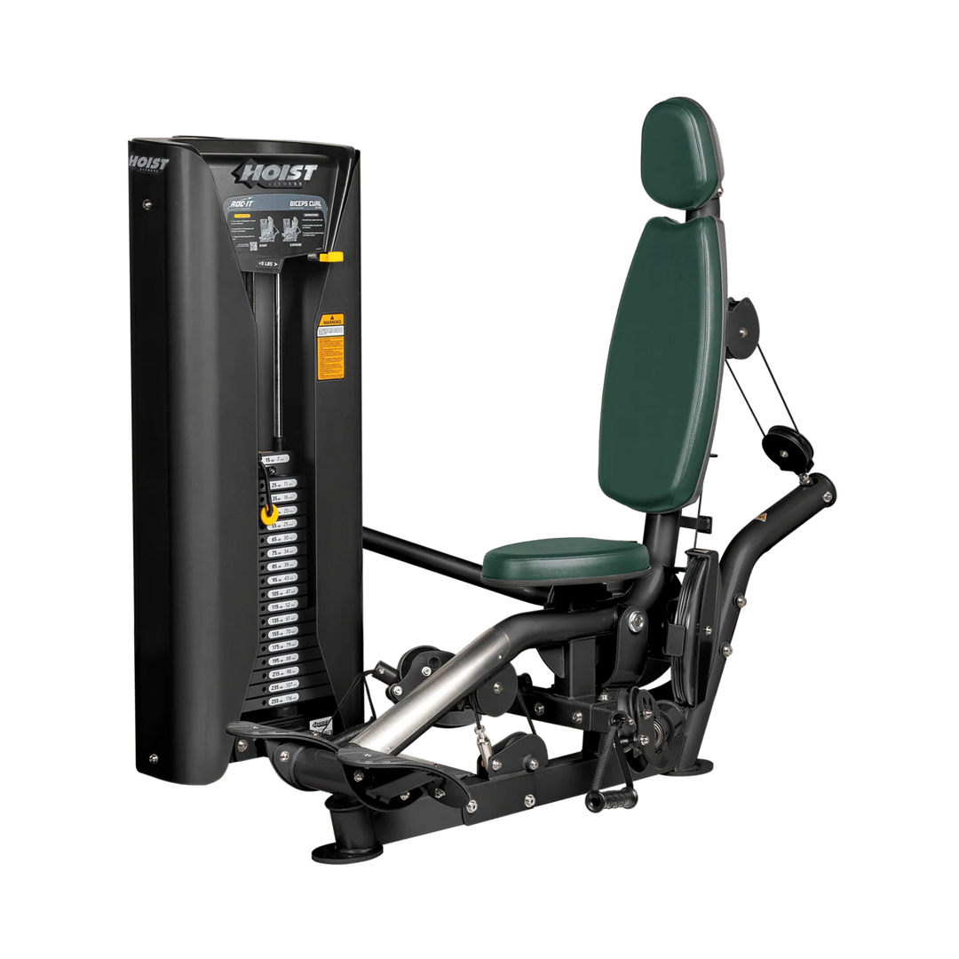 Hoist commercial biceps curl machine with red seat and backrest, ergonomic arm pad, and plate-loaded resistance system for isolated arm training