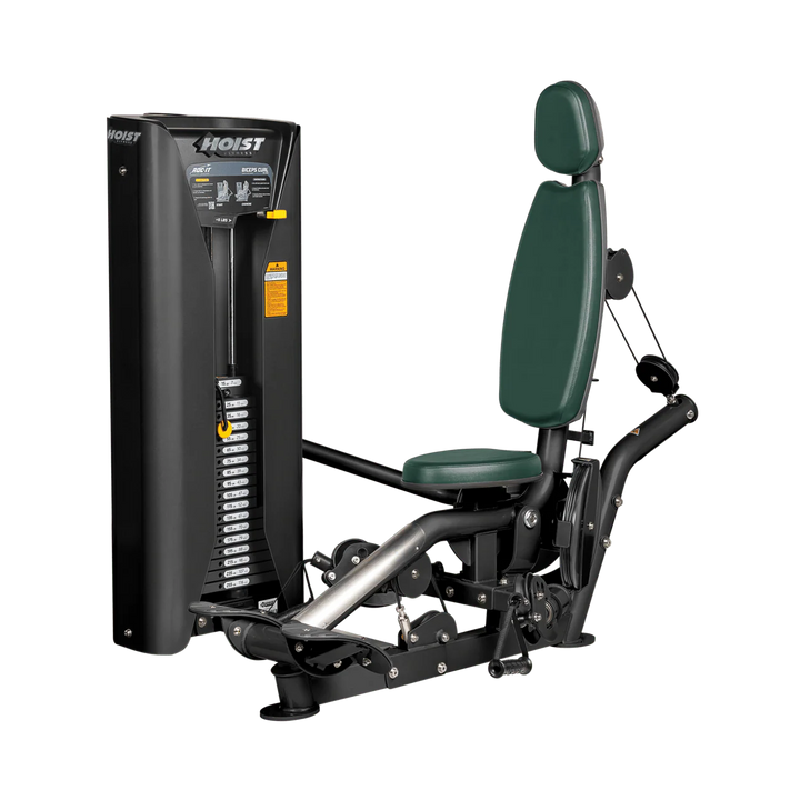 Hoist commercial biceps curl machine with red seat and backrest, ergonomic arm pad, and plate-loaded resistance system for isolated arm training