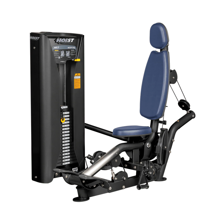 Hoist commercial biceps curl machine with red seat and backrest, ergonomic arm pad, and plate-loaded resistance system for isolated arm training