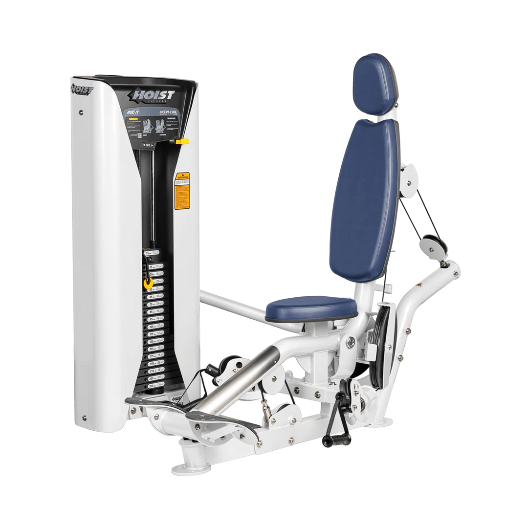 Hoist commercial biceps curl machine with red seat and backrest, ergonomic arm pad, and plate-loaded resistance system for isolated arm training